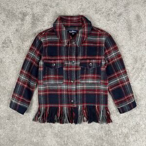 Freshman Kids' Plaid Fringe Hem Jacket Shacket Navy Blue Red Grey Plaid Size S